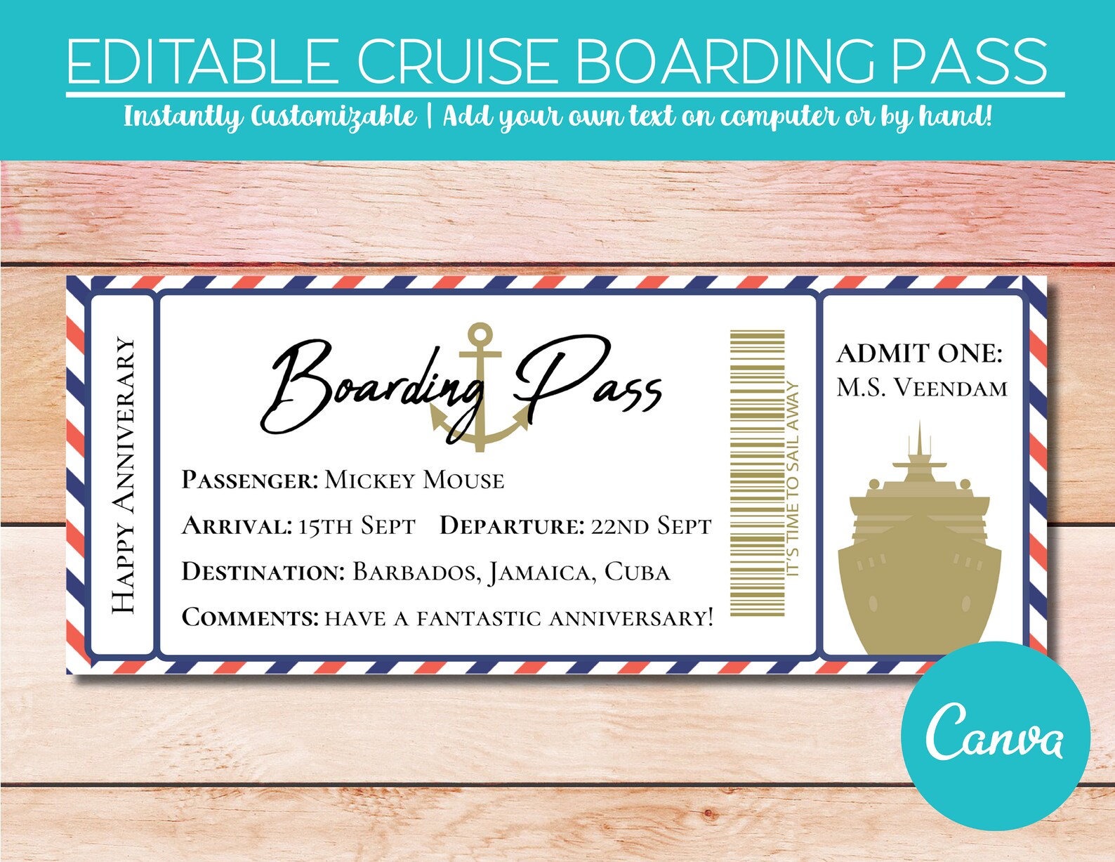 Editable Cruise Boarding Pass Printable Cruise Ticket Cruise | Etsy