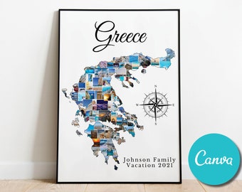 Greece Map Travel Photo Collage Wedding Anniversary Gift, Greece Vacation Editable Collage Photo Gift