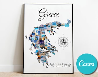 Greece Map Travel Photo Collage Wedding Anniversary Gift, Greece Vacation Editable Collage Photo Gift