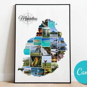 Affiche de collage photo de voyage carte de l'Ile Maurice, cadeau d'anniversaire de mariage, cadeau photo modifiable de collage de vacances de l'Ile Maurice