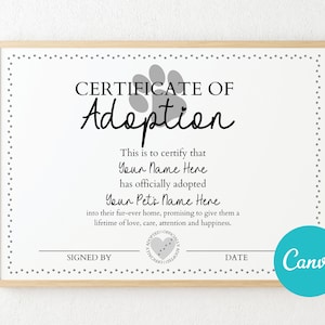 Editable Cat Dog Pet Adoption Certificate, Adopt An Animal, Printable Certificate, Gotcha Day Certificate