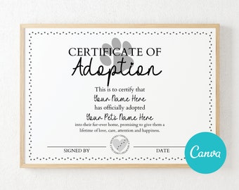 Editable Cat Dog Pet Adoption Certificate, Adopt An Animal, Printable Certificate, Gotcha Day Certificate