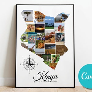 Kenya Map Travel Photo Collage Wedding Anniversary Gift, Kenya Vacation Editable Collage Photo Gift