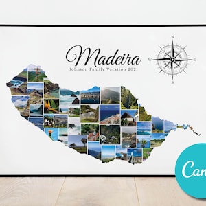 Carte de Madère, collage photo personnalisé, cadeau d'anniversaire de mariage, cadeau photo modifiable pour les vacances de Madère