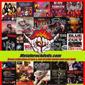Puede incluir: Una colecci&oacute;n de DVD de rock y metal con portadas de &aacute;lbumes de varias bandas, incluyendo AC/DC, Black Sabbath y Guns N' Roses. La imagen incluye el sitio web Metalnrockdvds.com y el texto "Great collection of rare & out of print metal and rock dvds."