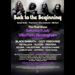 Puede incluir: Cartel de concierto de "Back to the Beginning" con Black Sabbath y otras bandas. El cartel incluye fotos de los miembros de la banda, la fecha y el lugar: Villa Park, Birmingham. El texto es en blanco y morado.