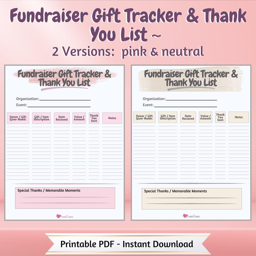 Fundraiser Gift Tracker & Thank You List | Printable Donation Log ...
