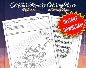 Scripture Memory Coloring Pages, Acts 4:12, Printable Black and White Line Art, 2 JPG & 2 PDF files, Digital Download, Hand-Drawn