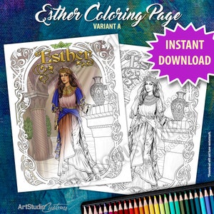 Printable Esther Coloring Page, Variant A, From The Old Testament, Hand Drawn, Black and White Line Art, JPG & PDF, Digital Download