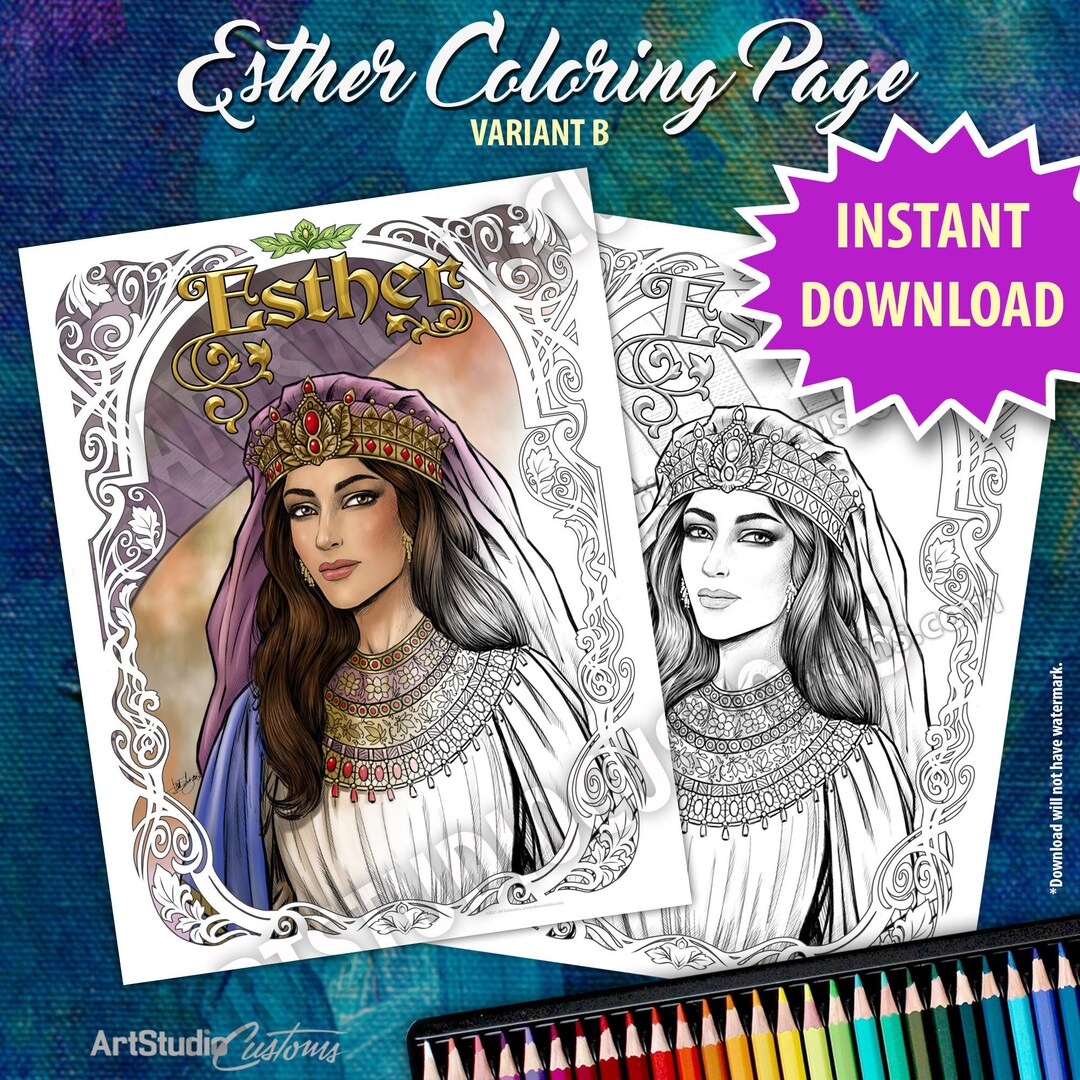 Printable Esther Coloring Page, Variant B, Old Testament, Hand-drawn