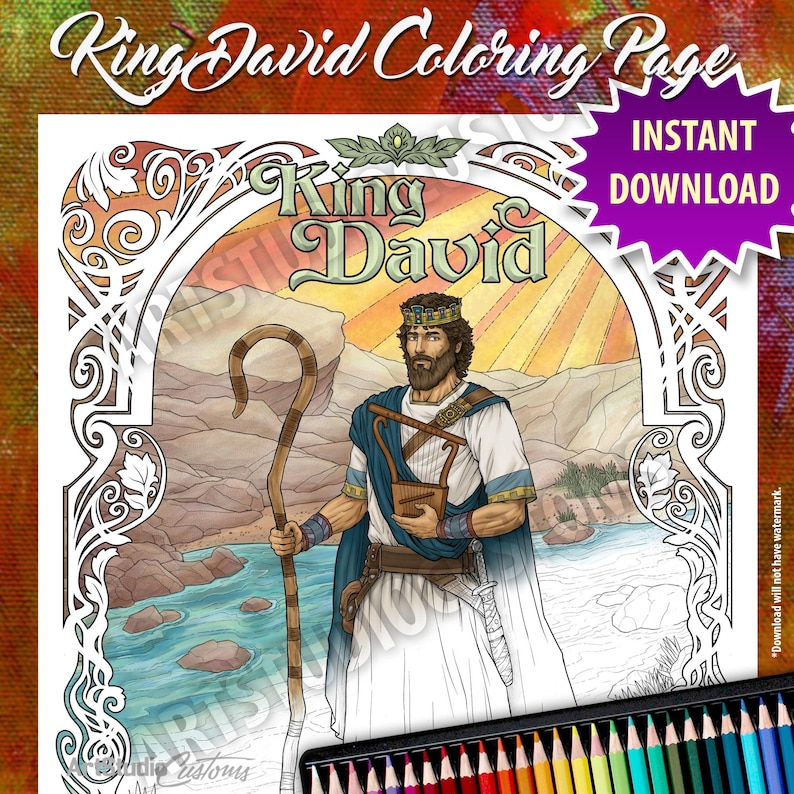 Printable King David Coloring Page, From the Old Testament, Hand-drawn ...