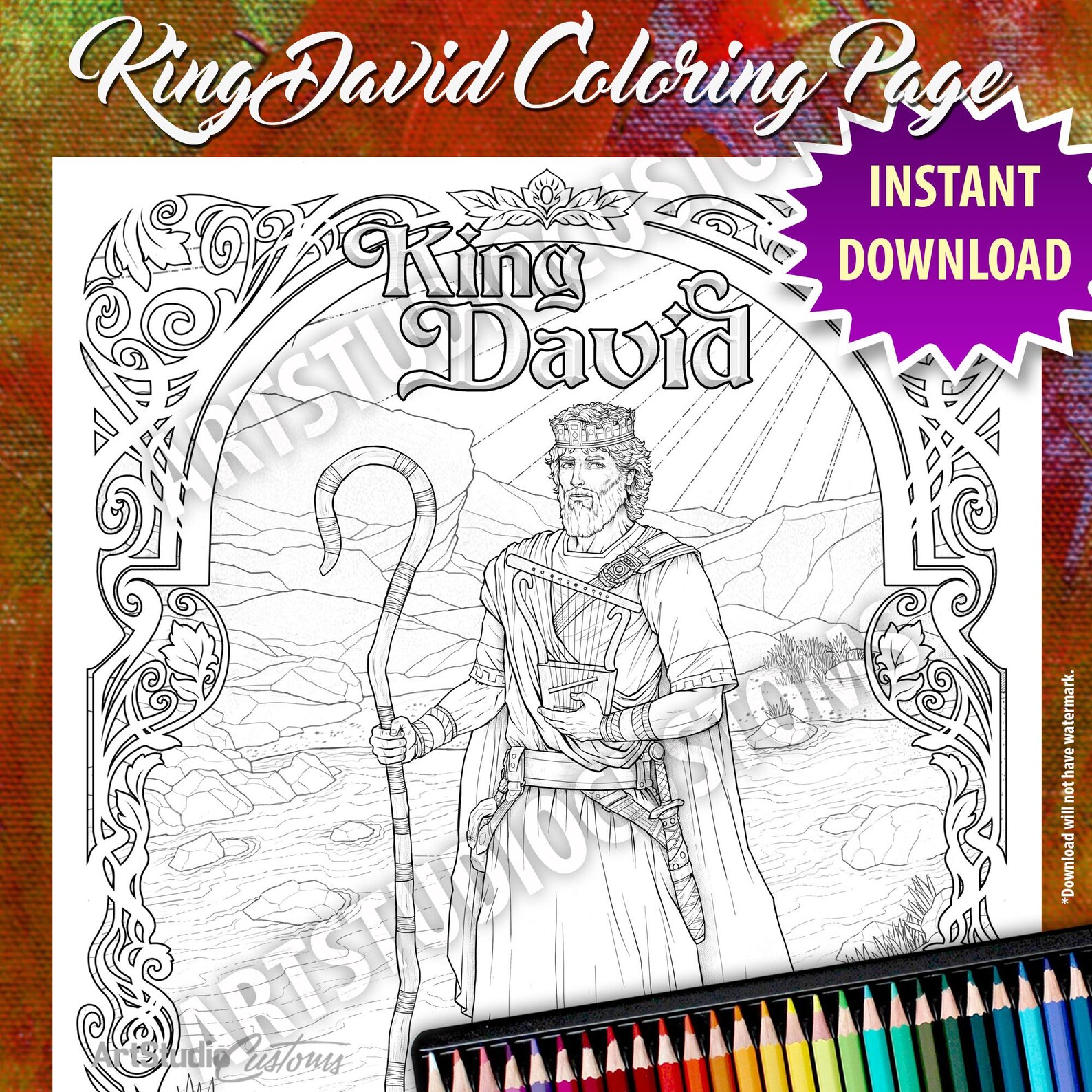 Printable King David Coloring Page, From the Old Testament, Hand-drawn ...