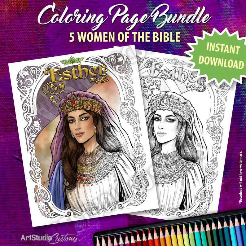 5 Women of the Bible Coloring Page BUNDLE, Old Testament, Black and ...