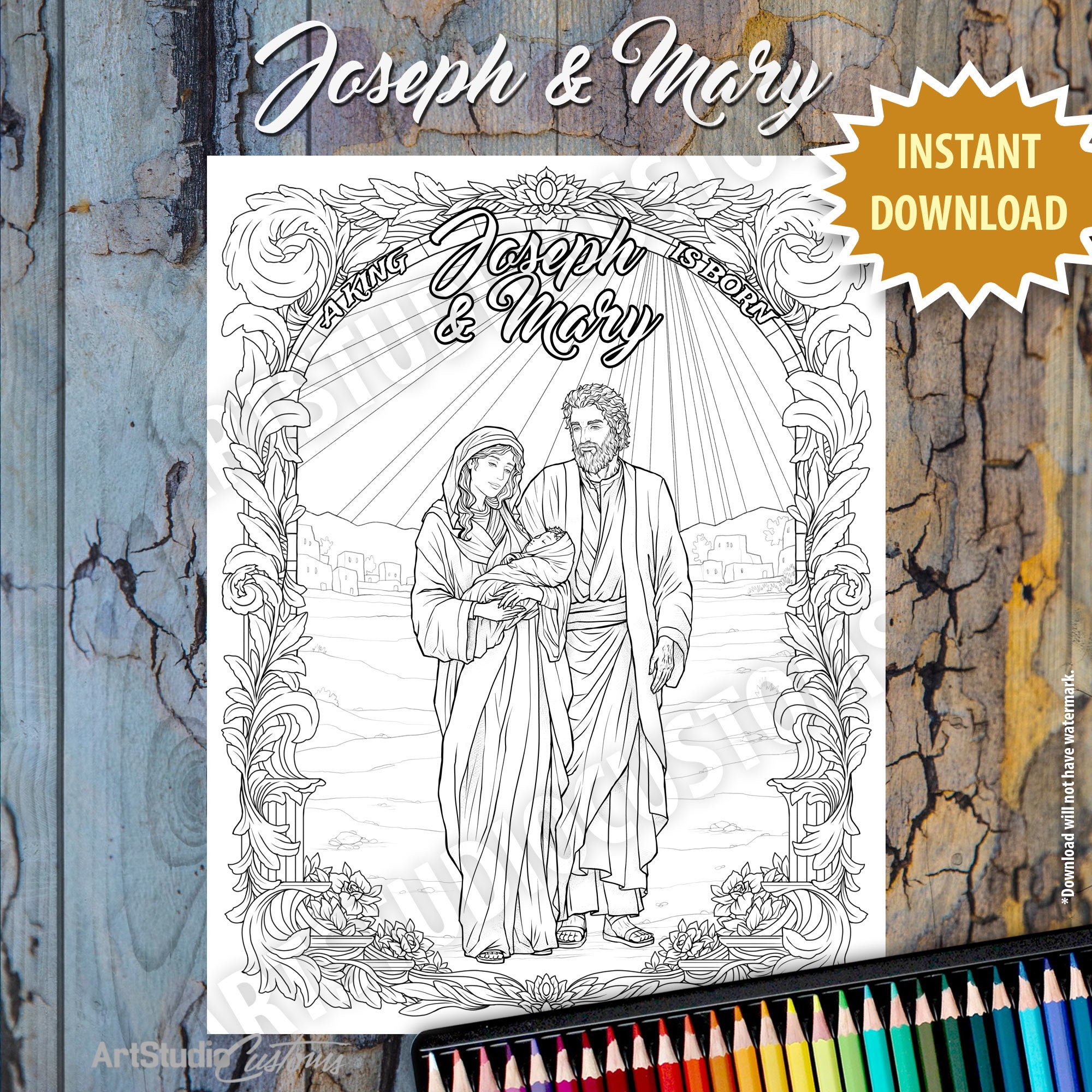 Printable Joseph and Mary Coloring Page, From the New Testament, Hand ...