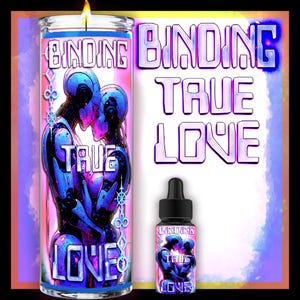 May include: A tall cylindrical glass candle and a small dropper bottle featuring a graphic of two blue and purple robotic figures embracing. The text BINDING TRUE LOVE is printed on both items in a bold, stylized font with a light blue and white gradient.