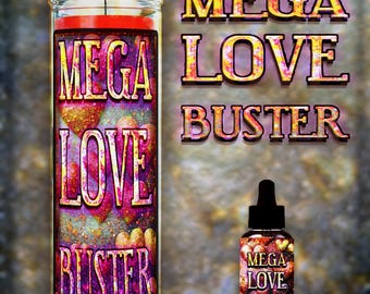 May include: A glass candle with a red rim and the words "MEGA LOVE BUSTER" in gold lettering. A small bottle with a black dropper and the same text is also visible. The background is a textured, mottled gray.