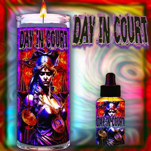 DAY IN COURT  Candle & Oil to manifest a successful case, a sympathetic jury, and a court ruling in your favor; Find justice.
