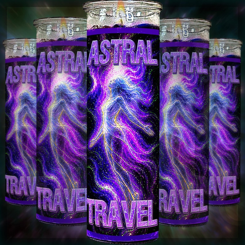 May include: A cylindrical glass candle featuring a vibrant purple and blue graphic of a figure floating amidst swirling cosmic energy. The text ASTRAL TRAVEL is printed in bold purple letters at the top and bottom of the label against a dark background.