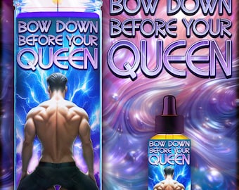 May include: A purple and blue candle with a man kneeling on the front. The candle has the text "Bow Down Before Your Queen" on the front.