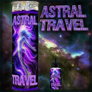 May include: A tall cylindrical candle and a small dropper bottle, both featuring a purple and blue cosmic design with a glowing figure and the text ASTRAL TRAVEL. The candle has a metallic lid and the bottle has a black cap and dropper tip.