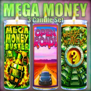 MEGA MONEY BUSTER Three-Candle Ritual Set to manifest abundance, wealth, and move past barriers that may be preventing your success