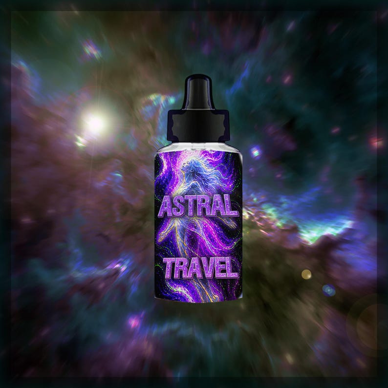 May include: A small clear bottle with a black dropper cap featuring a label with a purple and blue nebula background. The label displays a stylized silhouette of a figure and the text ASTRAL TRAVEL in bold purple capital letters.