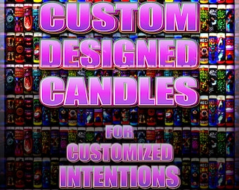May include: A grid of numerous cylindrical candles with varied colourful graphic labels. The text CUSTOM DESIGNED CANDLES FOR CUSTOMIZED INTENTIONS is overlaid in large, bold, purple-to-white gradient lettering across the centre of the image.