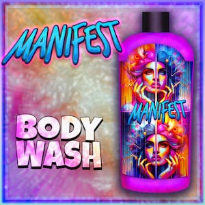 Puede incluir: Una botella morada de gel de baño con un diseño colorido que presenta dos rostros de mujeres y la palabra "MANIFEST" en la parte delantera.