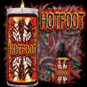 May include: A glass candle jar with a red and orange label that says "HOTFOOT" and features a pair of feet surrounded by red chili peppers. The candle jar is sitting on a bed of red chili peppers. A small glass bottle with a dropper lid and a red and orange label that says "HOTFOOT" and features a pair of feet surrounded by red chili peppers is also shown.