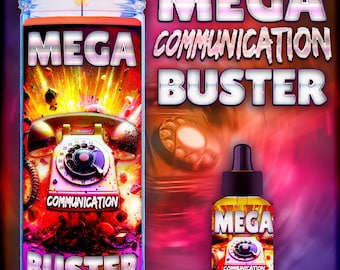 May include: A red candle with a yellow flame and a graphic of a rotary phone with the text "MEGA COMMUNICATION BUSTER" on the front. The candle is in a glass jar.