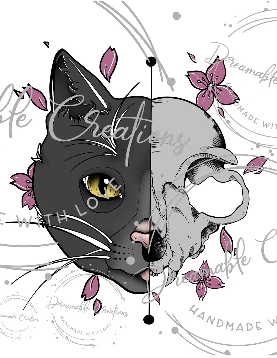 Half Cat Half Cat Skull Digital File PNG File Sublimation Drawing - Etsy
