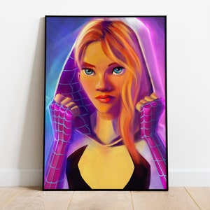 May include: A digital painting of a woman with long blonde hair wearing a white hooded sweatshirt with purple and blue spiderweb designs on the sleeves. The background is a blurred purple and blue.