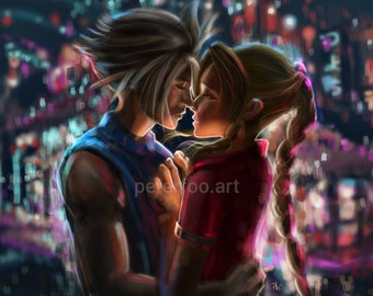 Poster Final Fantasy 7 représentant Aerith et Cloud à Wall Market - Clerith