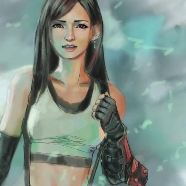 Impresión artística en acuarela de Tifa Lockhart: póster de Final Fantasy VII Rebirth