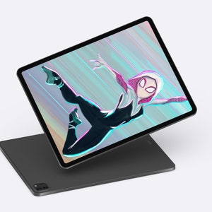 May include: A black tablet with a white and pink illustration of a superhero in a white hooded suit with a spider web design on the chest. The superhero is in a jumping pose with arms outstretched. The background is a blue and purple gradient with white lines.