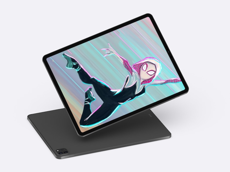 May include: A black tablet with a white and pink illustration of a superhero in a white hooded suit with a spider web design on the chest. The superhero is in a jumping pose with arms outstretched. The background is a blue and purple gradient with white lines.