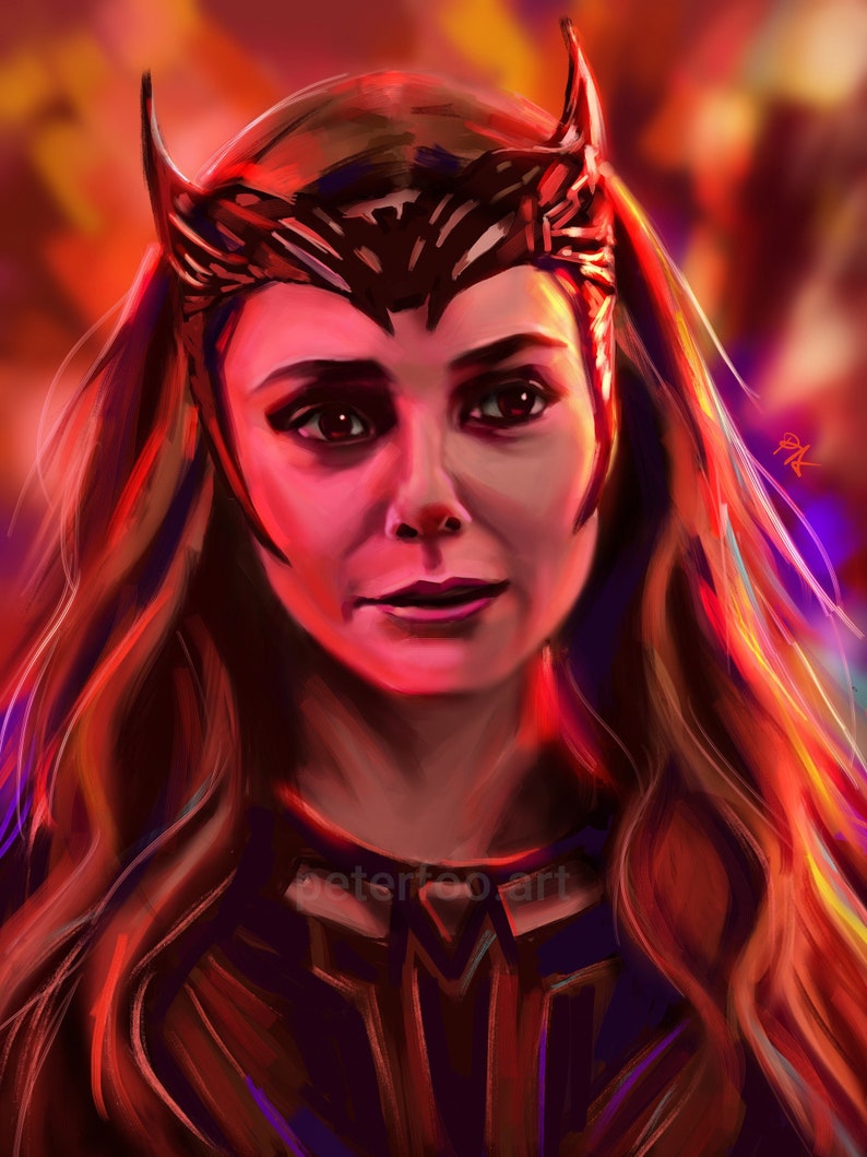 Puede incluir: Una mujer con el pelo largo y rojo que lleva un traje rojo oscuro y negro con una corona. El fondo es un desenfoque de rojo y naranja.
