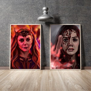 Puede incluir: Dos impresiones de arte digital enmarcadas de una mujer con cabello rojo y una corona roja. La mujer en la impresi&oacute;n de la izquierda est&aacute; mirando al espectador con una expresi&oacute;n seria. La mujer en la impresi&oacute;n de la derecha tiene sangre goteando por su rostro y est&aacute; mirando hacia un lado.