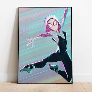 May include: A digital illustration of Spider-Gwen, a superhero in a white and black suit with a pink spider symbol on her chest, against a blue and purple background.