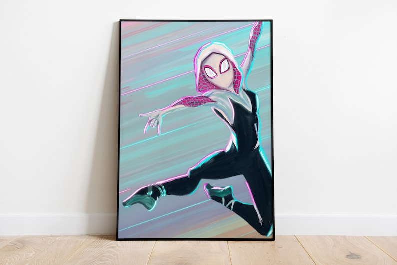 May include: A digital illustration of Spider-Gwen, a superhero in a white and black suit with a pink spider symbol on her chest, against a blue and purple background.