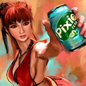 Pode incluir: Ilustração de uma mulher segurando uma lata de refrigerante "Pixie Zero". A lata é azul-petróleo com um logotipo verde e as palavras "Zero Lime Flavored Soda". A mulher tem cabelo ruivo e está vestindo um top vermelho.