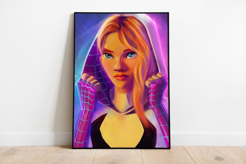 May include: A digital painting of a woman with long blonde hair wearing a white hooded sweatshirt with purple and blue spiderweb designs on the sleeves. The background is a blurred purple and blue.