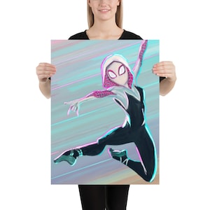 May include: A digital illustration of Spider-Gwen, a female superhero, in a white and black suit with pink accents, leaping through a blue and purple background.