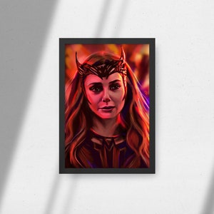 Puede incluir: Una pintura digital de una mujer con el pelo largo y rojo que lleva una corona negra y roja. Tiene una expresi&oacute;n seria en su rostro y mira directamente al espectador. El fondo es un desenfoque de colores rojos y naranjas.