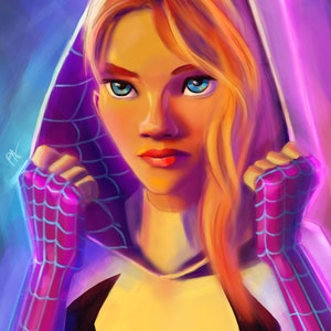 May include: A woman with long blonde hair wearing a white hooded sweatshirt with a purple and blue spiderweb design. She is wearing a black shirt underneath and has a serious expression on her face.