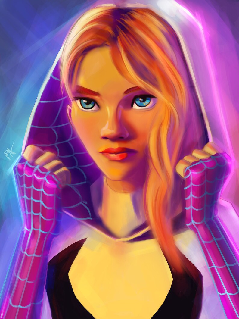 May include: A woman with long blonde hair wearing a white hooded sweatshirt with a purple and blue spiderweb design. She is wearing a black shirt underneath and has a serious expression on her face.