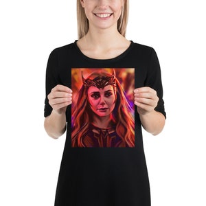 Puede incluir: Una ilustraci&oacute;n digital de una mujer con cabello largo rojo que lleva una corona roja y negra. El fondo es un desenfoque de rojo, naranja y amarillo.