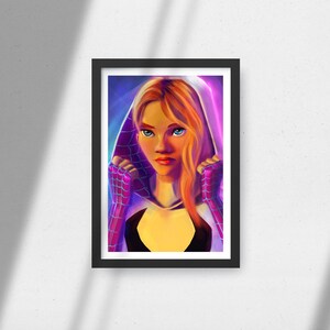 May include: A digital illustration of a woman with long, red hair wearing a purple and black hooded costume with a spider web design. The woman has a serious expression on her face and is looking directly at the viewer.
