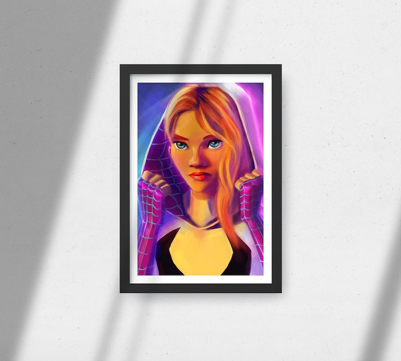 May include: A digital illustration of a woman with long, red hair wearing a purple and black hooded costume with a spider web design. The woman has a serious expression on her face and is looking directly at the viewer.