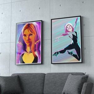 May include: Two framed illustrations of Spider-Gwen, one with her in a hooded pose and the other with her in a dynamic pose with a pink and blue background.